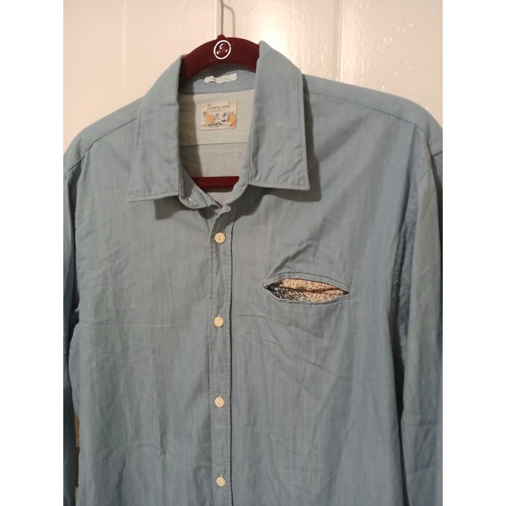 Scotch & Soda Chambray Button Up Shirt Mens L Slim Long Sleeve Cotton Light Wash
